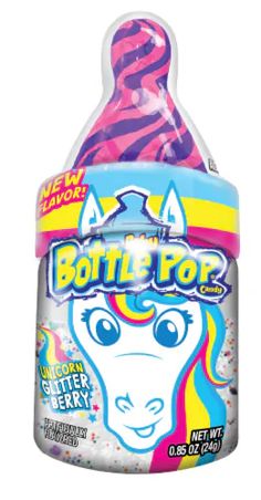 a bottle of fruit flavored candy with an unicorn face on the front and rainbow sprinkles on the back