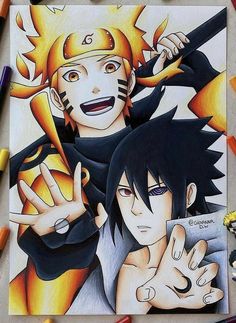 an image of two anime characters drawn in colored pencils with markers and crayons