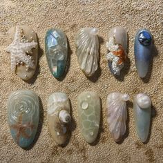 Hena Designs, Acrylic Nails Almond Shape, Sea Nails, Beachy Nails, Mermaid Core, Colored Acrylic Nails, Almond Acrylic Nails, Beach Nails, Almond Nails