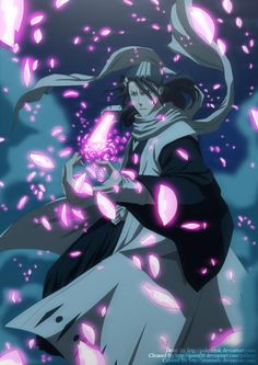 an anime character holding a purple ball in her hand and surrounded by pink lights on the ground