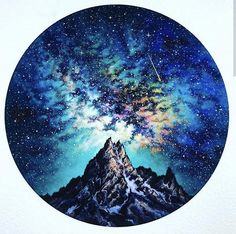 a painting of the night sky with stars and clouds in it, as well as an image of a mountain