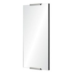 a mirror that is on the wall with a black frame and silver trim around it