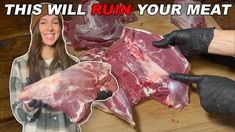 a woman is cutting up meat on a wooden table with the words this will ruin your meat