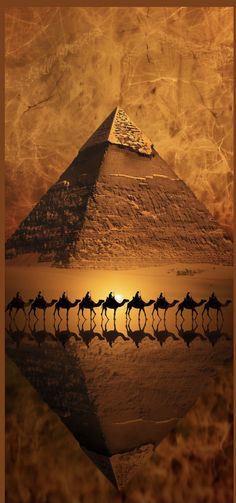 a pyramid with horses in front of it and the reflection of people riding on them