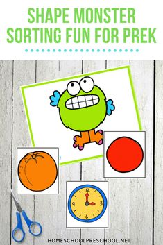 the shape monster sorting fun for prek is shown with scissors and paper cut outs