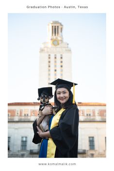 a woman in her graduation cap and gown holding a small dog on her shoulder with the state capitol building in the background