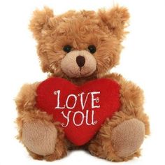 a teddy bear holding a red heart with the words love you on it's chest