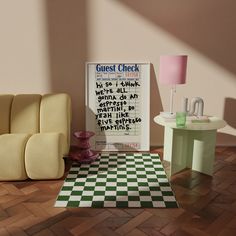 a living room with a checkerboard floor and chair next to a poster on the wall