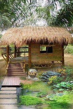 a small hut with grass roof and steps leading up to the water lily pond in front of it