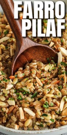 farro pilaf in a white bowl with a wooden spoon and text overlay