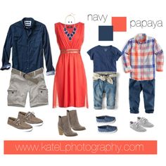 an assortment of clothing and shoes on display with the caption navy, papaya