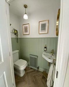 an open door leading to a bathroom with green walls and wood flooring in it