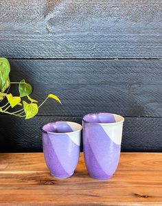 two purple and white cups sitting on top of a wooden table next to a potted plant