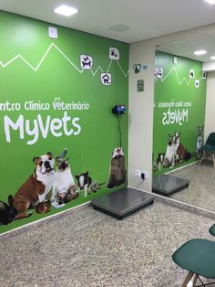 an office with green walls and dogs on the wall, in front of them is a large mural