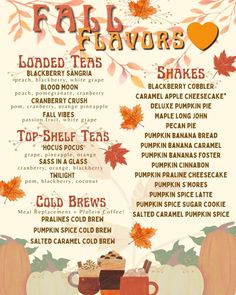 the fall flavors menu is shown with pumpkins, leaves and other things to eat