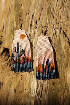 Landscape Earrings, Cactus Landscape, Seed Bead Jewelry Patterns, Stitch Jewelry, Beaded Earrings Native, Beadwork Designs, Native Beadwork, Seed Bead Patterns, Bead Weaving Patterns