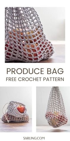 an image of a bag made out of crocheted material with apples in it