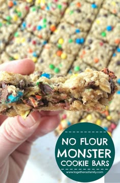 no flour monster cookie bars with sprinkles and chocolate chips in the middle