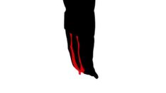 the silhouette of a person with blood dripping down his leg and arms, holding a baseball bat