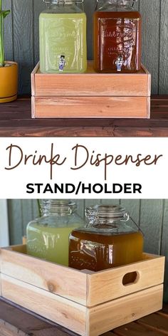 two wooden containers filled with liquid sitting on top of a table next to each other