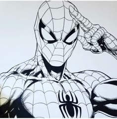 a drawing of spider - man with his hands on his head and arms behind him