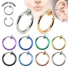 Non-Piercing Fake Illusion Clips  2 pieces/color Ion-Plated over 316L Surgical Steel Non-Piercing Fake Illusion Clips-On Hoop. You can wear this fake spring-loaded hoop safely and comfortably with no piercings required! It can be used as earrings, lips hoops, navel, nose, Eyebrow, Helix/Cartilage and Septum as well. Simply spring open and release to close. Gauge/Thickness: 14g (1.6mm) Diameter: 3/8" (10mm) Quantity: 2 pieces Payment We prefer payment through PayPal, payment via Visa, MasterCard, American Express and Discover can be used through PayPal as well as e-Check. Payment must be received within 7 days of committing to buy the item action. Shipping: The default shipping method we offer is USPS First-Class Package for a flat rate for domestic customers.  All orders will be shipped in Piercing Arcade, Rough Gemstone Jewelry, Faux Septum, Tragus Ring, Faux Piercing, Tragus Hoop, Fake Earrings, Piercing Septum, Fake Nose Rings