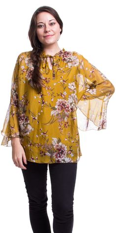 Silk Floral Print Blouse with Bell-Sleeves and Tie at Neck 100% Silk Exterior 95% Viscose, 5% Elastic Interior Made in Italy One Size Spring Floral Print Bell Sleeve Blouse, Flowy Yellow Blouse For Fall, Fall Blouse With Blouson Bell Sleeves, Bell Sleeve Blouse With Blouson Sleeves For Fall, Fall Blouse With Bell Sleeves And Blouson Detail, Spring Blouse With Blouson Bell Sleeves, Flowy Bell Sleeve Blouse For Fall, Casual Flowy Blouse With Bell Sleeves, Fall Brunch Bell Sleeve Blouse