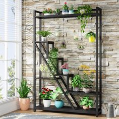 a shelf with plants on it in front of a brick wall