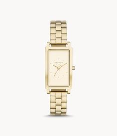 This Hagen features a 43x22mm rectangular case with a champagne sandblast dial  three-hand movement and yellow gold stainless steel bracelet. The watch strap is interchangeable. Rectangular Metal Dial Watch For Everyday Use, Everyday Rectangular Watches With Metal Dial, Everyday Gold Watch With Rectangular Dial, Rectangular Quartz Watch For Everyday Use, Everyday Watches With Bracelet Strap And Rectangular Dial, Square Analog Watches, Gold Square Analog Watch, Gold Square Analog Watches, Rectangular Watch