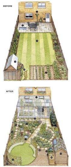 two views of a garden with different types of plants in the center and on the other side