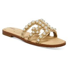 Sam Edelman Women's Bay Pearl Embellished Linen Slide Sandals Size 5 Msrp $140.00 Fits True To Size, Order Your Normal Size Open Toe Slip On Raffia And Pearl Embellishment At Straps Braided Raffia Sole Logo Charm At Straps Synthetic Upper, Lining And Sole Imported Authenticity Guaranteed All Products Are Purchased From Authorized Wholesalers Or Distributors. Sam Edelman Sandals, Pearl Sandals, Jewel Badgley Mischka, Leather Supplies, Embellished Sandals, Flip Flop Shoes, Tory Burch Miller Sandal, Designer Sandals, Womens Sandals Flat