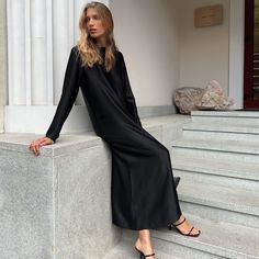 F00226196-103 Black Satin Midi Dress, Autumn 2024, Black Sheath Dress, Satin Midi Dress, Daily Dress, Dress Long Sleeve, Season Autumn, Middle Age, Flowing Maxi Dress