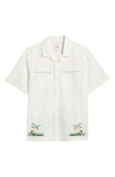 Palm-themed cross-stitching lends an artisanal touch to a festival-ready camp shirt cut from a breathable blend of cotton and linen. 28" length; 43" chest (size Medium) Front button closure Convertible collar Short sleeves Chest patch pockets 84% cotton, 16% linen Machine wash, line dry Imported Embroidered Camp Shirt With Relaxed Fit, Embroidered Collared White Camp Shirt, Embroidered Relaxed Fit Shirt For Summer, White Embroidered Collared Camp Shirt, Summer Embroidered Relaxed Fit Shirt, Embroidered Camp Collar Shirt For Summer, Cream Summer Shirt With Camp Collar, Cream Camp Collar Shirt For Summer, Summer Cream Shirt With Camp Collar