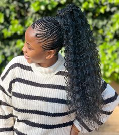 Cornrows With Curly Ponytail, Cornrows And Curly Weave, Cornrows With Ponytail Weave, Ponytail Cornrows Black Women, Braids With Curly Ponytail, Trendy Cornrows Black Women, Pony Braid Hairstyles, Curly Braided Ponytail, Cornrows Ponytail Hairstyles