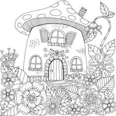 a mushroom house surrounded by flowers and plants in black and white coloring book page for adults