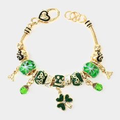 Style No : [319962] Mbb05767-Ag-Grn-1.25h Color : Green, Antique Gold Theme : Clover Size : 1.5" H, 7" + 1" L Multi-Bead Clover & Celtic Knot Charm Bracelet Irish Bracelets, Irish Clover, Green Antique, Love Ireland, Gold Theme, Celtic Knot, Green Gold, Womens Jewelry Bracelets, Antique Gold