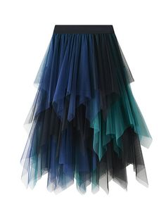 Urban Green Blue Contrast Color Irregular A-Line Gauze Skirts BLUE GREEN-One_size Long Tutu Skirt, Blue Contrast Color, Tule Rok, Gonna In Tulle, Long Tutu, Gauze Skirts, Skirt Tulle, Fishnet Dress, Fairy Skirt