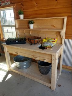 a potting bench in the corner of a room