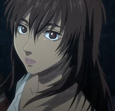 an anime character with long black hair and blue eyes looking at the camera while standing in front of a dark background