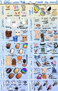 an illustrated poster with different types of items in each language, including symbols and colors