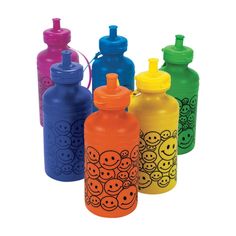 six different colored water bottles with smiley faces on them, all lined up in a row