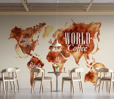 the world map is painted on the wall in an office setting with chairs and tables