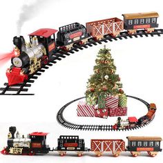 a christmas tree is next to a toy train set