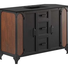 a black and brown cabinet with doors on the bottom, two drawers at the top and one door open