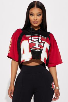 Available In Red. Jersey Hooded Drawstrings 49ers Graphic Front, Back, And Sleeve Screen Cropped Pair Back To "49ers Fit And Flare Pant" Disclaimer: Due To The Printing Process A Difference In Saturation May Occur. Each Garment Is Unique. 100% Polyester Imported | 49ers Cropped Mesh Top in Red size 1X by Fashion Nova 49ers Jersey Outfit Woman, Womens Jersey Outfit, Red Streetwear Outfit, Baseball Jersey Outfit Women, Cropped Mesh Top, Baseball Jersey Outfit, 49ers Outfit, Red Streetwear, Jodie Joe