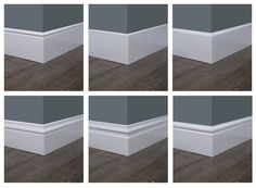 four different angles of the corner of a room with wood flooring and gray walls