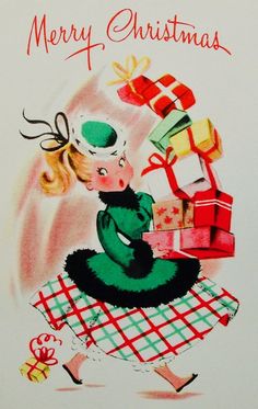 a christmas card with a girl carrying presents on her knees and the words merry christmas