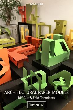 Colourful architectural folded paper models Paper Art Projects, Origami And Kirigami, Folding Paper, Art Template, Japanese Paper