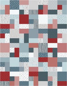 a patchwork quilt with red, white and blue squares