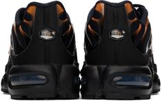 Nike.Black & Orange Air Max Plus Sneakers.Low-top lightweight mesh sneakers in black and orange..· Rubberized trim and gradient effect throughout.· Lace-up closure.· Logo patch at padded tongue and heel counter.· Padded collar.· Swoosh appliqué at sides.· Tuned Air technology at footbed.· Mesh lining.· Air Sole unit at foam rubber midsole.· Treaded rubber sole.Please note that this item may be shipped only within North America..Supplier color: Dark obsidian/White/Monarch.Upper: textile, syntheti Functional Sports Sneakers With Padded Tongue, Functional Sneakers For Sports With Padded Tongue, Black Outdoor Sneakers With Padded Tongue, Functional Black Sneakers With Padded Tongue, Functional Low-top Sneakers With Padded Tongue, Nike Casual, Mesh Sneakers, Air Max Plus, Black And Orange